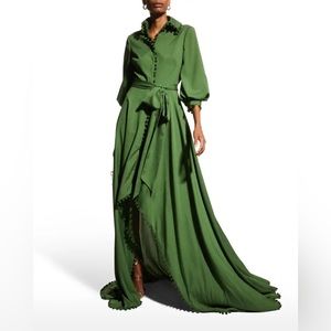 Badgley Mischka pompon-trim high-low shirtdress gown.